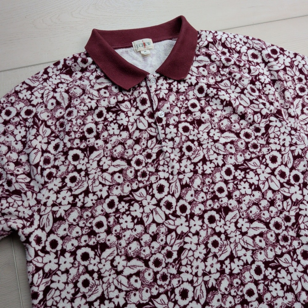 J.Crew Oarsman Terry Cloth Towel Polo Shirt Mens M Floral Burgundy White BZ389